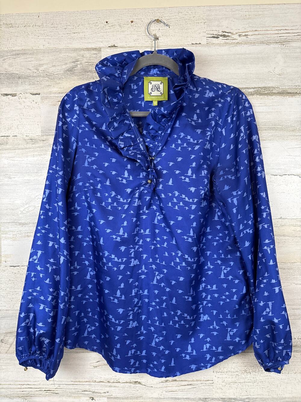 Elizabeth Mckay Womens 10 Blue Bird 100% Silk Novelty Ruffle Neckiine Blouse